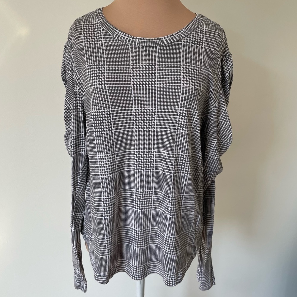 LNA Gray White Cotton Plaid Houndstooth Long Sleeve Puff Sleeve Top EUC Size M
